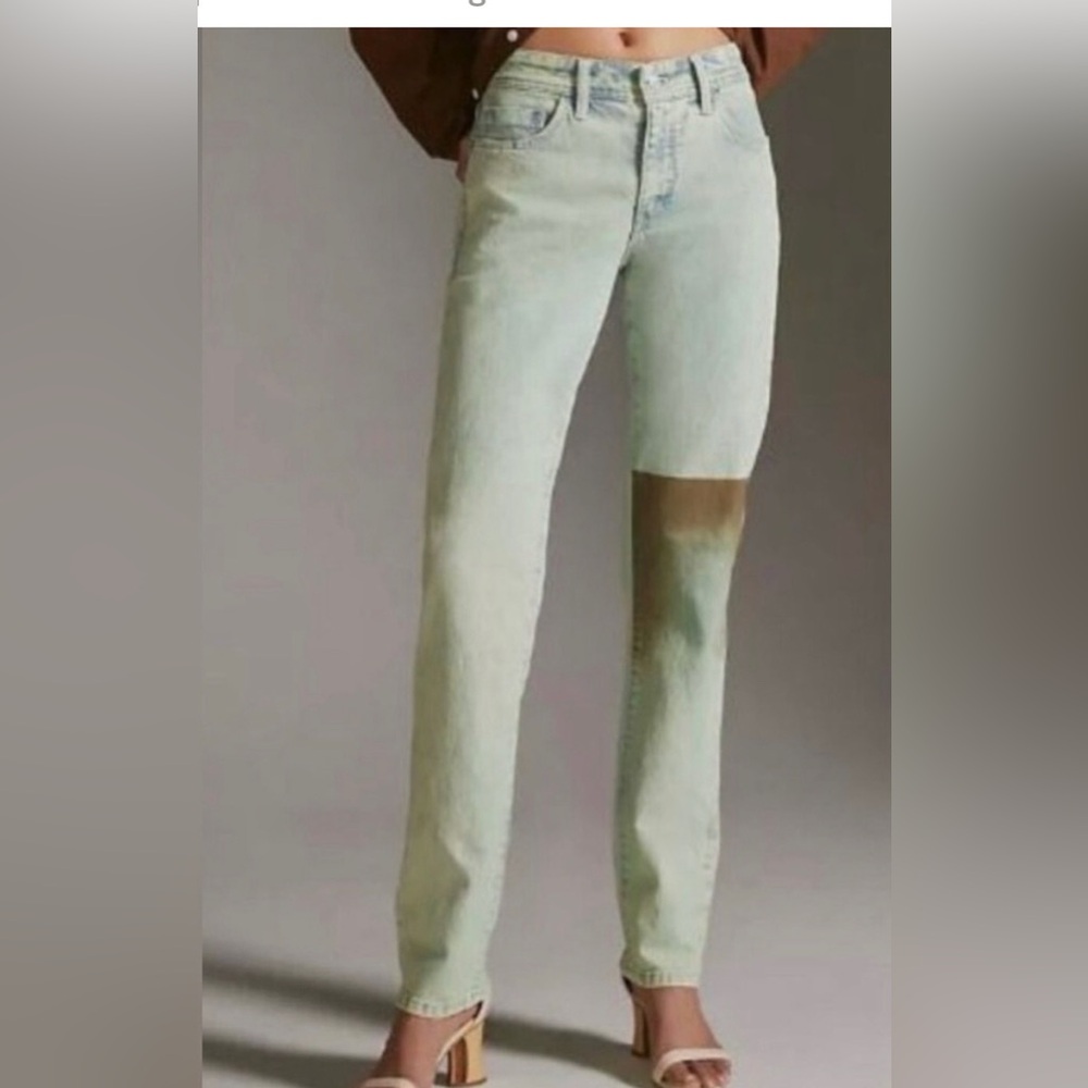 NWT Anthropologie Pilcro Slim Boyfriend Midrise Green Spray Paint Jeans Size 29